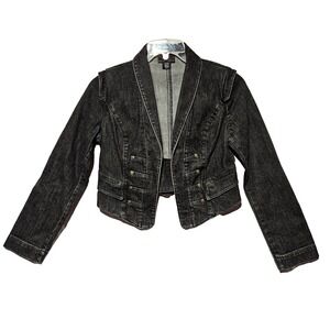 Vtg Apostrophe‎ Black Denim Open Cropped Jacket SMALL Whimsigoth Goth Steampunk